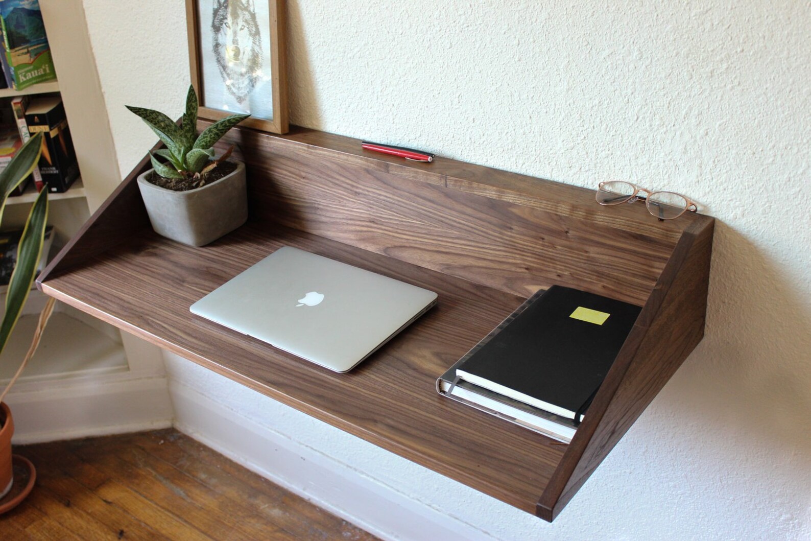 Slim Oak Walnut Floating Desk Floating Console Table Wall Etsy
