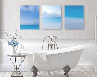 Tropical Beach/Set of 3/Ocean Photos/Minimalist Art/Aqua Blue Water and Clouds/Caribbean Abstract/Printable Large Wall Art/Digital Download