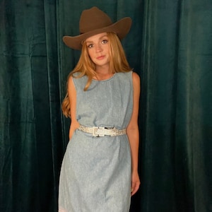 Vintage 90s Sleeveless Denim Floral Embroidery Maxi Dress