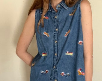 Vintage Y2K Embroidered Denim Button Down Blouse