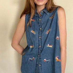 Vintage Y2K Embroidered Denim Button Down Blouse
