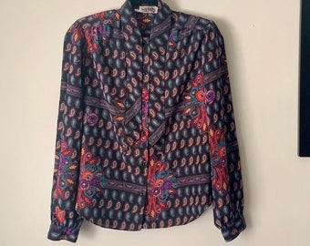 Vintage Rainbow Paisley Tie Neck Button Down Blouse