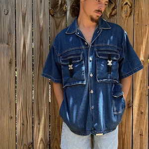 Camicia vintage anni '90 Trust Sports Collection in denim stile utility con bottoni