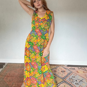 Vintage 60s Sleeveless Neon Floral Maxi Dress
