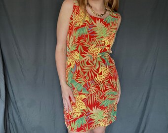 Vintage 80s Sag Harbor Hawaiian Tropical Floral Sleeveless Dress