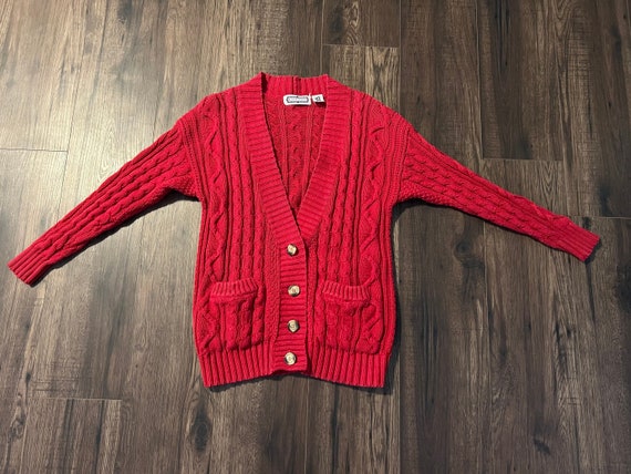 Vintage 80s Red Cable Knit Cardigan Sweater - image 2