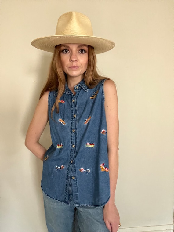 Vintage Y2K Embroidered Denim Button Down Blouse