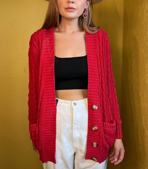 Vintage 80s Red Cable Knit Cardigan Sweater