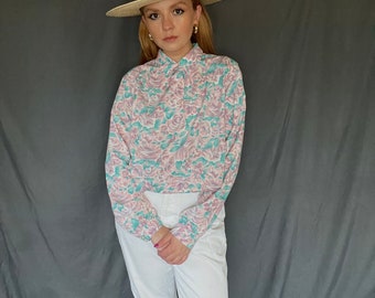 Vintage 80s Long Sleeve Pastel Roses Collared Blouse