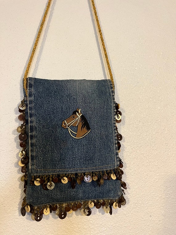 Vintage Handmade Denim Shoulder Bag With Embroider