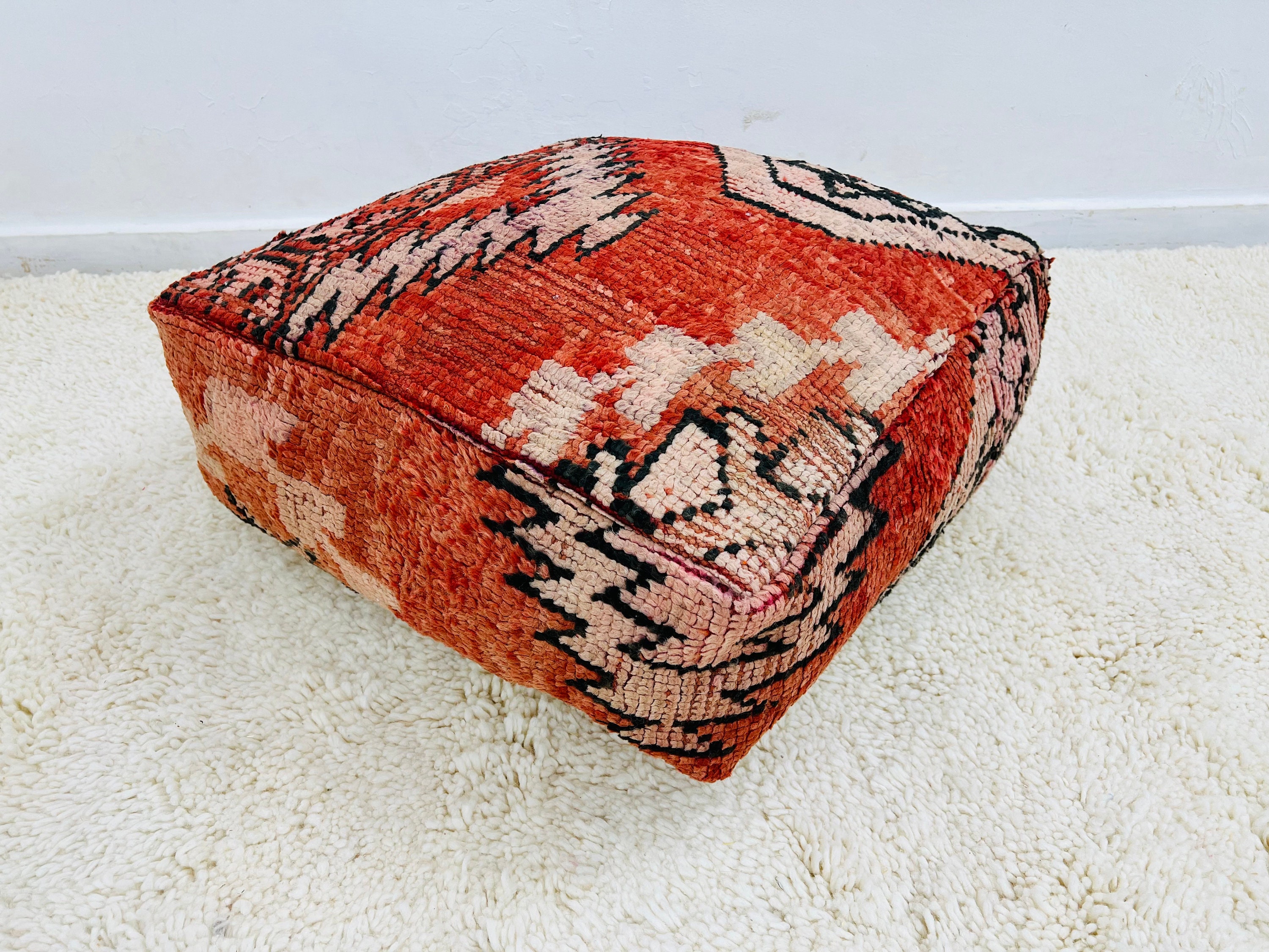 Moroccan Ottoman Pouf-Floor Cushion-Handmade Pouffe-Bohemian Footstool-24 X 24 8 Inches