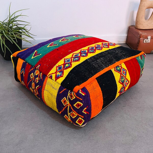 Bohemian Ottoman Pouf, Moroccan Pouf, Vintage Pouf with Embroidery, Vintage Pouf, Floor cushion,