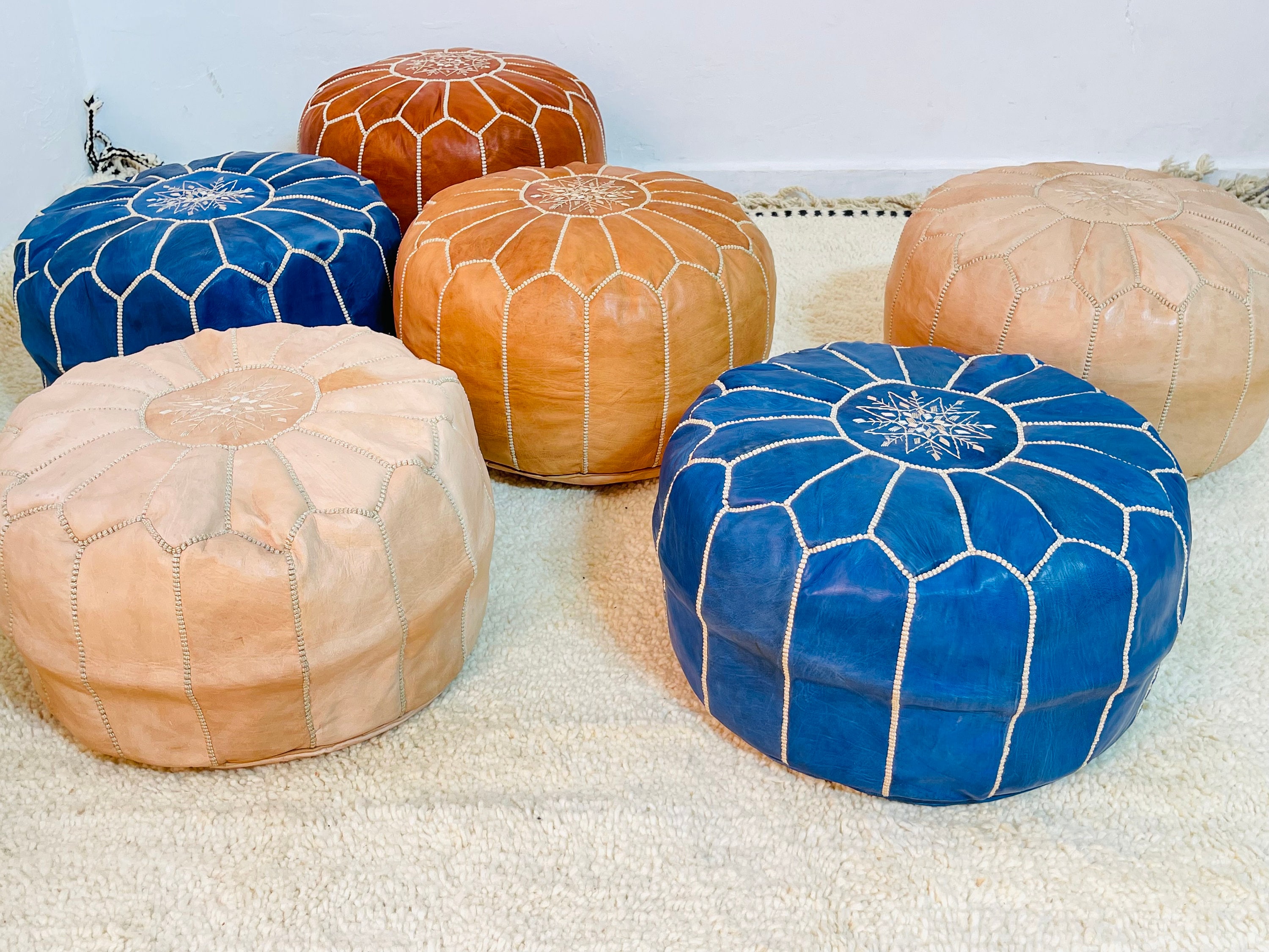 Moroccan Cover Pouf, Ottoman Leather Pouf, Boho Pouffe, Unstuffed, Blue Jean Pouf, Footstool Pouffe,