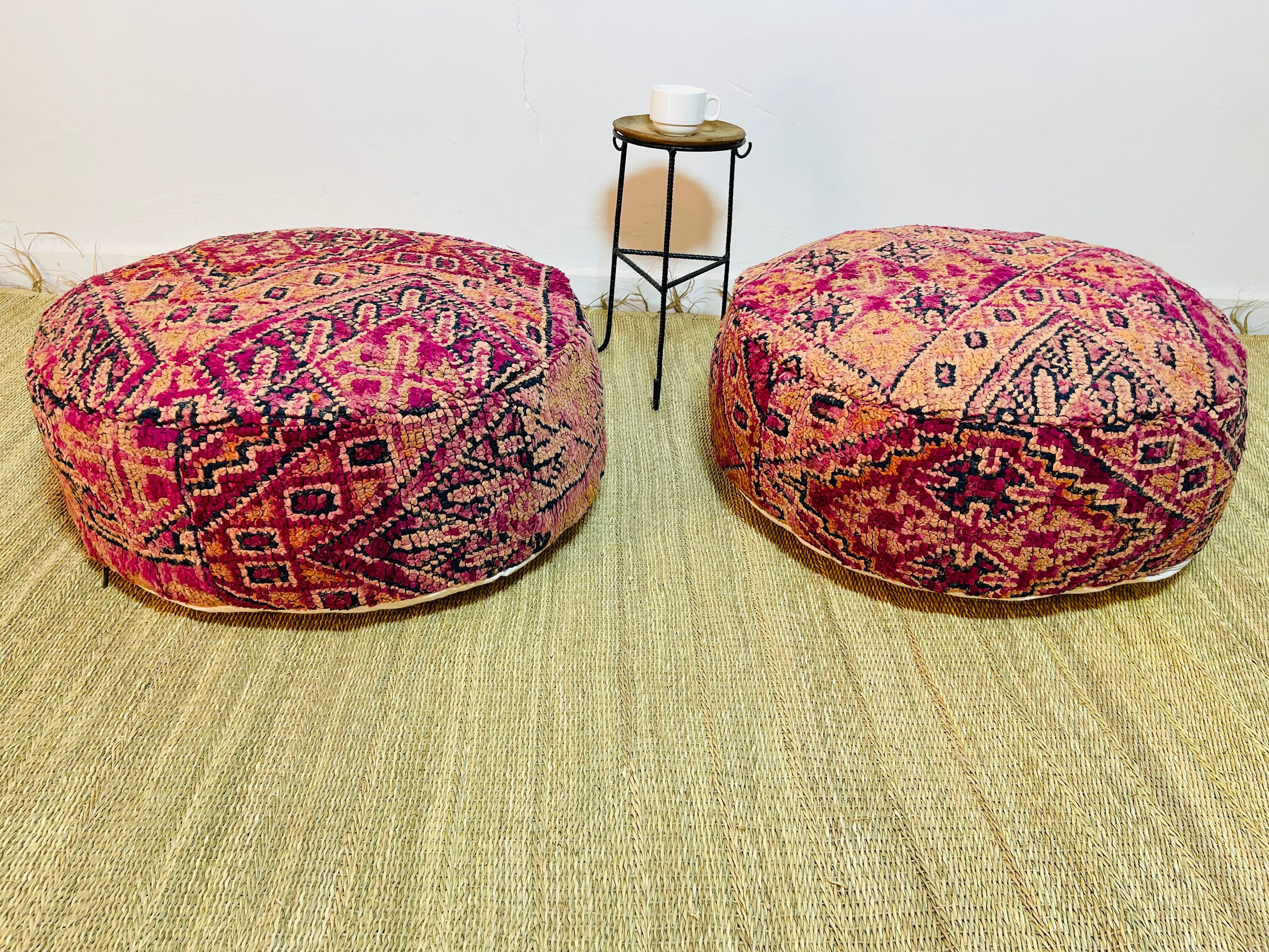 50% Off, 2 Moroccan Round Pouffe, Handmade Pouf, Circle Pouf, Filled Ottoman 60x60x20 cm, Free Shipp
