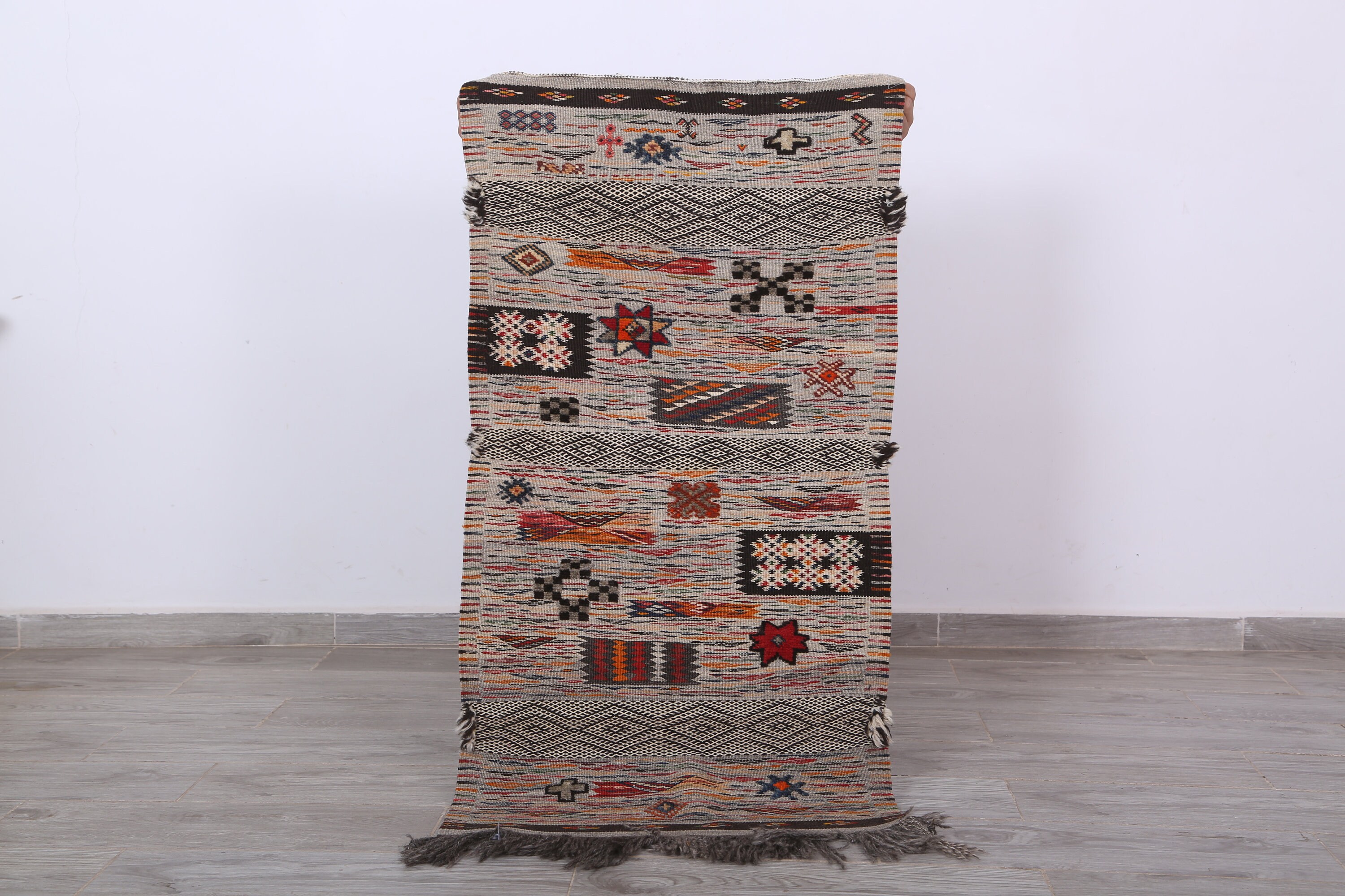 stunning Hand Woven Carpet Wool Moroccan Rug Zanafi Kilim 2 X 3.7 Ft