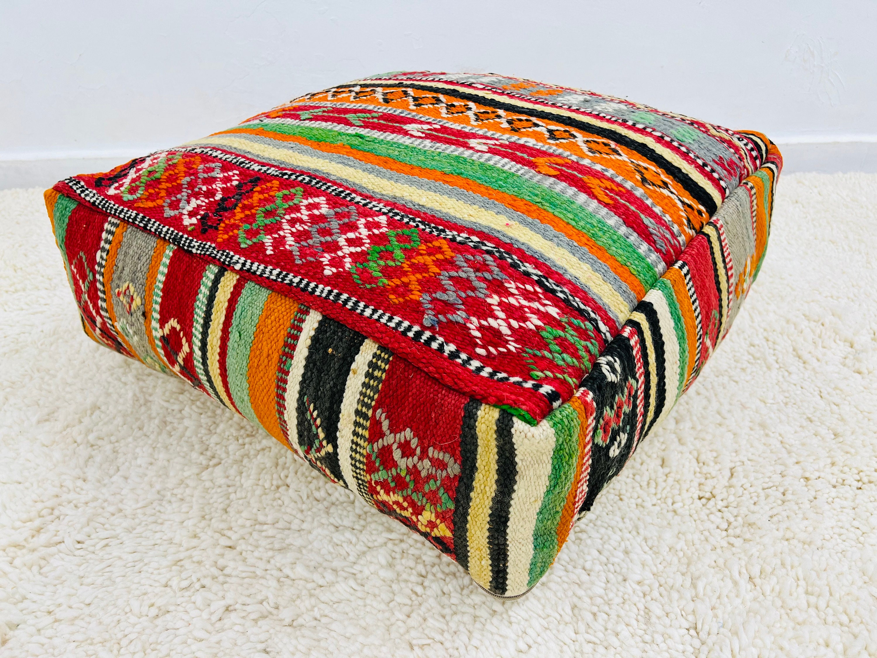 Wool Pouf-Boho Pouffe-Kilim Cover Cushion-Ottoman Footstool Cover-24 X 24 8 Inches