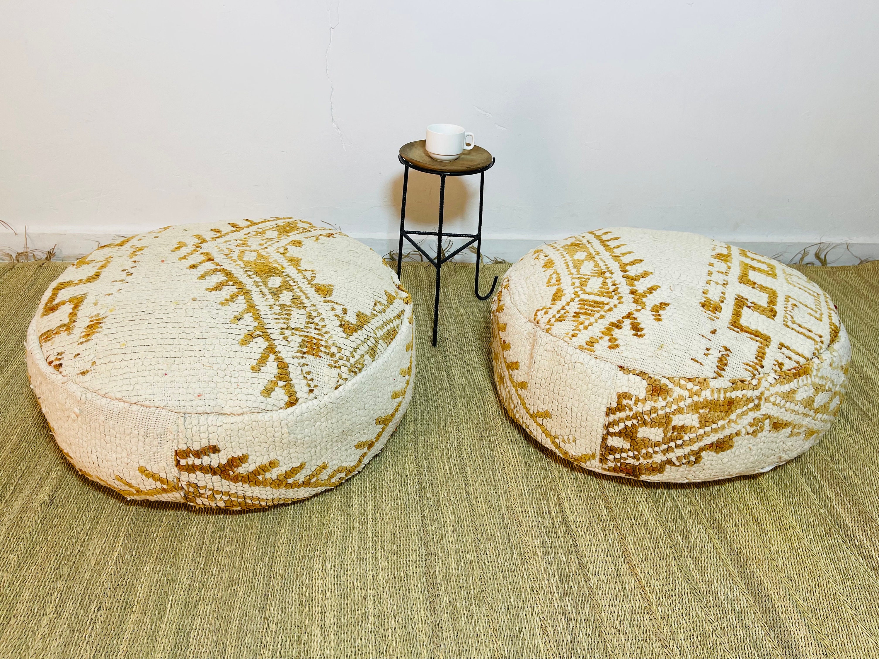 50% Off, Berber Vitage Pouffe, Floor Cushions, Pouf, Round Pouf, Filled Ottoman Pouf, 60x60x20 cm, F