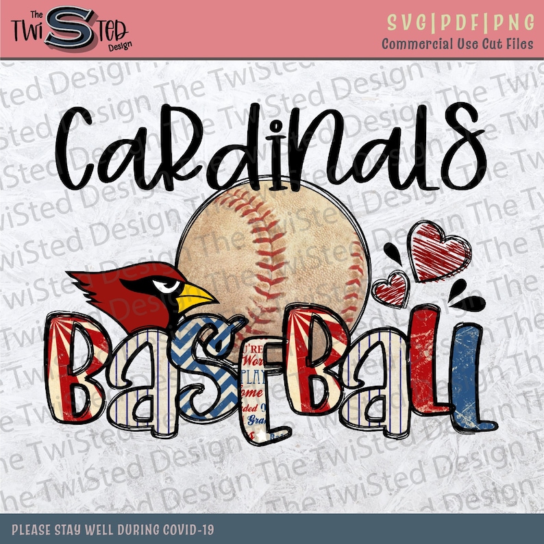 Pode incluir: Um design digital que apresenta uma bola de beisebol com listras vermelhas, brancas e azuis, um p&aacute;ssaro cardeal vermelho e as palavras "Cardinals Baseball" em um estilo vintage e desgastado.