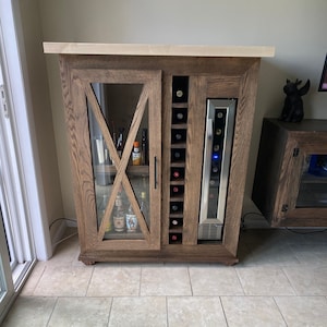 Oak Bar cabinet with 7 bottle wine chiller and butcher block counter top