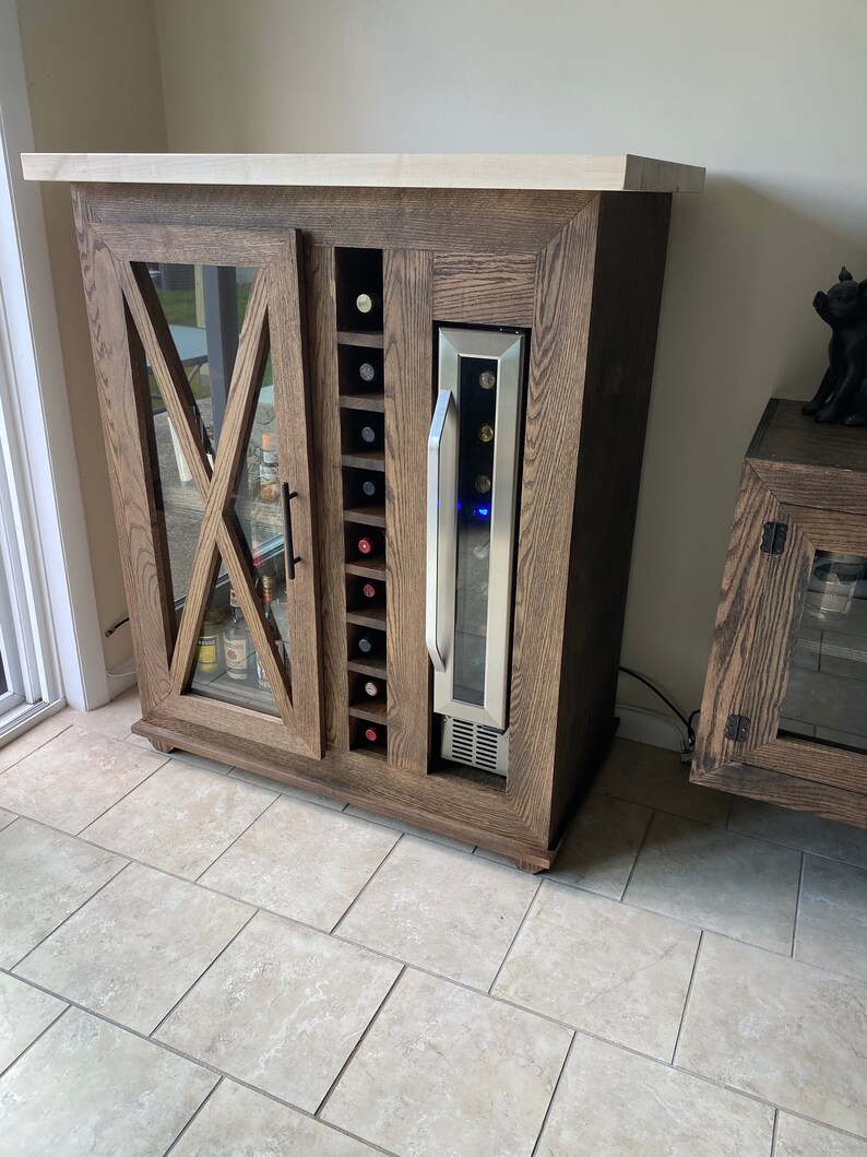 Oak Bar With 7 Bottle Wine Chiller and Butcher Block Counter
