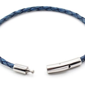 Premium Blue Braided Leather Bolo Bracelet With Stainless Steel Clasp For Men Or Women