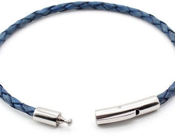 Premium Blue Braided Leather Bolo Bracelet With Stainless Steel Clasp For Men Or Women