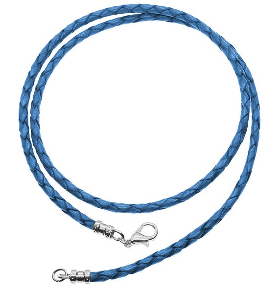 Blue Leather necklace-925 Sterling Silver Clasp-3mm Braided Leather Cord 