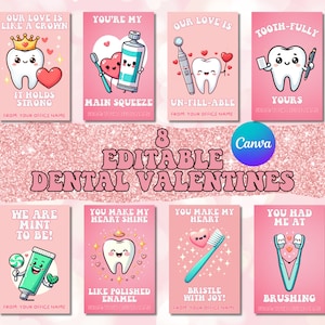 8 Tarjetas de San Valentín dentales editables / Tarjeta de consultorio dental de San Valentín / San Valentín de dentista / Tarjetas de San Valentín de oficina / San Valentín de pacientes