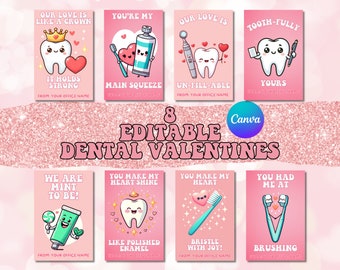 May include: Eight printable Valentine's Day cards featuring cute cartoon teeth and dental-themed puns. The cards are pink with white text and are designed for a dental office.