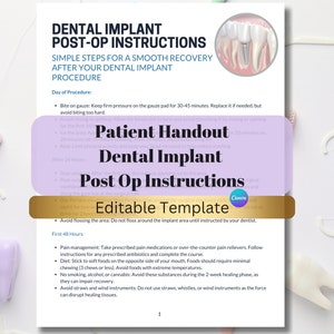 Pode incluir: Um folheto imprimível de instruções pós-operatórias para implantes dentários com um fundo rosa e roxo. O folheto inclui um título, "Instruções pós-operatórias para implantes dentários", e uma lista de instruções para as primeiras 48 horas após o procedimento. O folheto é um modelo editável.