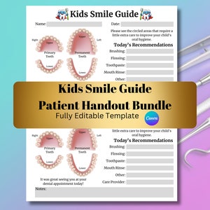 Formulario de folleto para el paciente para niños / Notas del higienista de RDH / Formulario del consultorio dental / Hoja educativa para el paciente / Nota para el paciente pediátrico / Guía dental para niños