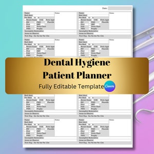 Planificador de tratamiento de pacientes de higiene dental / Plantilla dental editable / Rastreador de pacientes RDH / Bloc de notas de higienista / Formulario de admisión / Documentación