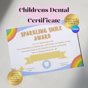 Certificado de visita dental / Certificado de dentista editable / Certificado libre de caries / Primera visita dental del niño / Certificado dental de valentía