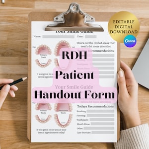 Formulário de apostila para paciente RDH | Notas de progresso do higienista | Formulário de admissão para consultório odontológico | Folha de educação do paciente sobre higiene dental | Documentação RDH