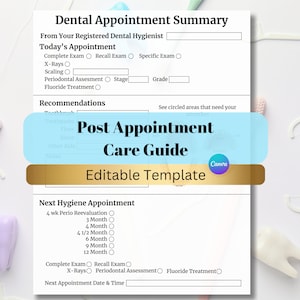 Puede incluir: Una plantilla de resumen de cita dental imprimible con un fondo azul y blanco. La plantilla incluye secciones para la cita de hoy, recomendaciones y la próxima cita de higiene. La plantilla es editable e incluye un logotipo de Canva.
