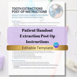 Guida post-operatoria per l'estrazione dentale / Istruzioni personalizzabili per la cura post-estrazione dentale / Modello modificabile / Opuscolo per il paziente dello studio dentistico