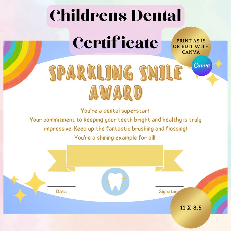 Dental Visit Certificate Editable Dentist Certificate Cavity Free