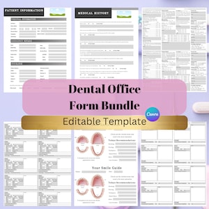 Paquete de formularios de consultorio dental / Hojas de documentación editables de práctica dental / Notas de progreso de higiene dental / Formularios de admisión de pacientes dentales /