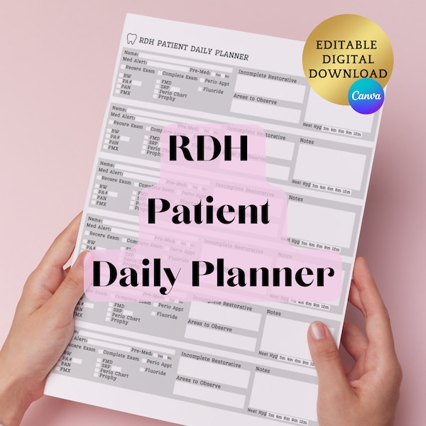 RDH Daily Patient Planner | Editable RDH Template | RDH Patient Tracker | Hygienist Notepad | Dental Intake Form | Dental Hygienist | Dental