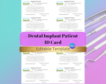 Patient-ID-kort för tandimplantat | Implantat-ID-kort | Medicinskt ID-kort | Redigerbar mall | Postoperativt implantat | Utskrivbart kort för tandimplantat |