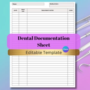 Hoja de documentación del consultorio dental / Notas de tratamiento dental / Formulario de documentación del dentista / Registro de documentación del higienista dental / Cuadro dental