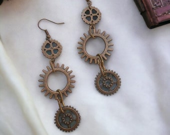 Steampunk Gothic Witch Bronze Metal Gears Earrings for Women - Metallic Gears, Pagan Wicca, Industrial Steampunk Earrings, Gothic Gifts