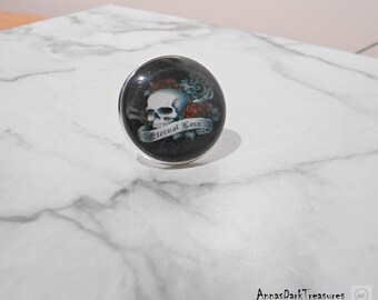 ADJUSTABLE Round cabochon SKULL RING Gothic Gift For Women - Occult Witchcraft Metallic Round Glass Skull Flower Statement Ring Gothic Gifts