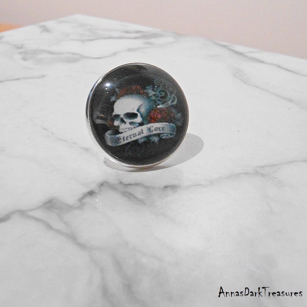 Bague tête de mort cabochon rond réglable cadeau gothique pour femme - sorcellerie occulte bague ronde en verre métallisée tête de mort fleur, cadeaux gothiques