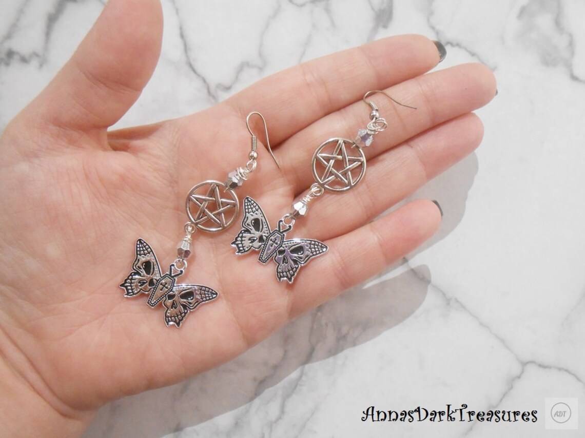 Skull Butterfly Pentagram Earrings Skull Jewelry Gothic Gift Etsy