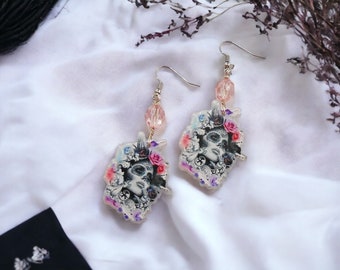 Mystical Macabre Day of the Dead Earrings with Pink Beads - Gothic Jewelry for Women, Skull Earrings, Occult Accessories, Dark Style Earring