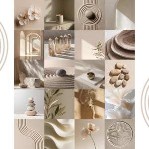 Puede incluir: Un collage de im&aacute;genes en tonos neutros con elementos zen. Las im&aacute;genes incluyen flores, una vela encendida, cristales, un jard&iacute;n de piedras, piedras apiladas y un cuenco. La paleta de colores es suave, con tonos beige, crema y marr&oacute;n.