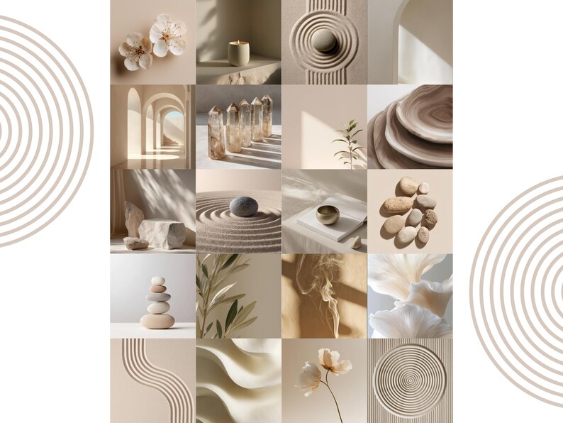Puede incluir: Un collage de im&aacute;genes en tonos neutros con elementos zen. Las im&aacute;genes incluyen flores, una vela encendida, cristales, un jard&iacute;n de piedras, piedras apiladas y un cuenco. La paleta de colores es suave, con tonos beige, crema y marr&oacute;n.