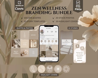 Ensemble de modèles de création de marque Zen bien-être de modèles Canva | 100 citations esthétiques neutres sur Instagram | 20 Photos | Kit de couvertures IG Story & Highlights