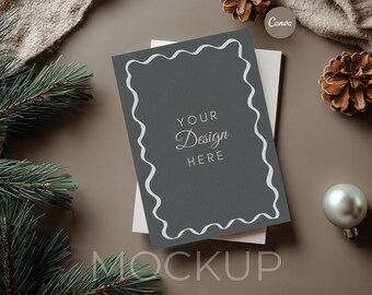 Christmas Card Mockup, 5x7 Canva Template, Holiday Invitation Mockup for Stationery Designs, Cozy Beige Theme